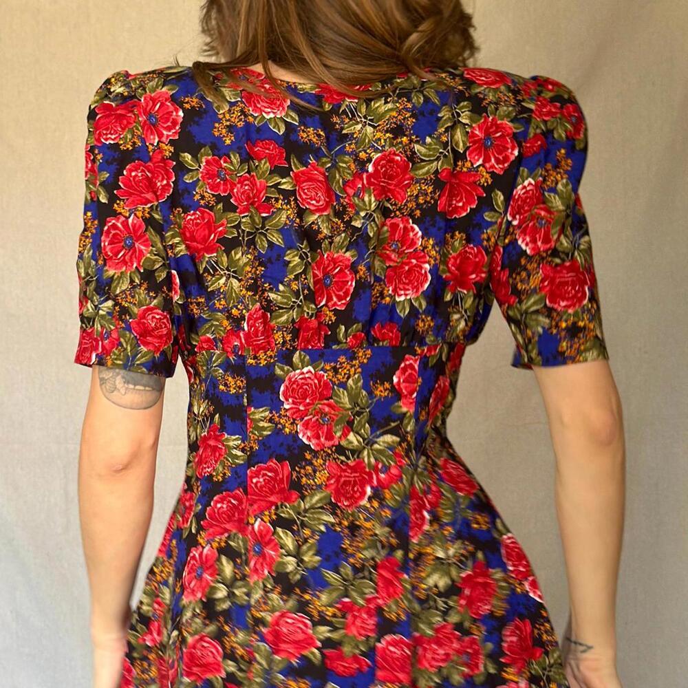 80s Black Floral Button Front Dress - Picture 11 of 12